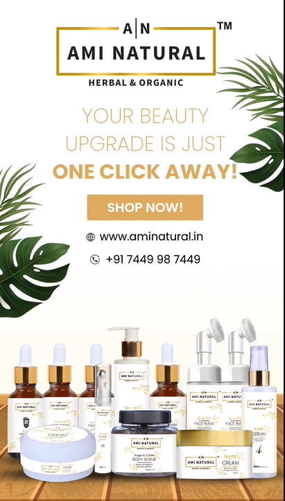 AMI NATURAL personal care collection featuring clear and brown bottles, jars, and pump dispensers with herbal and organic skincare products