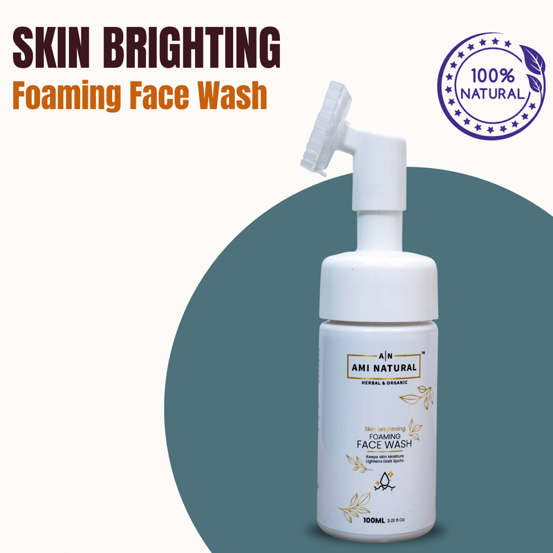 Ami Natural Brightening white plastic foaming face wash bottle with white pump and herbal graphic accents