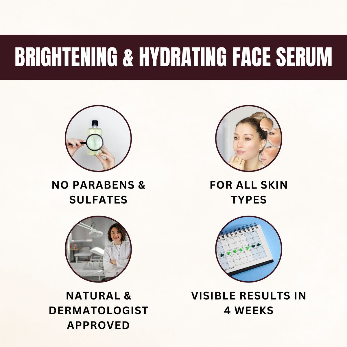 AMI NATURAL brightening and hydrating face serum features no parabens or sulfates, suitable for all skin types, natural dermatologist approved, visible results in 4 weeks