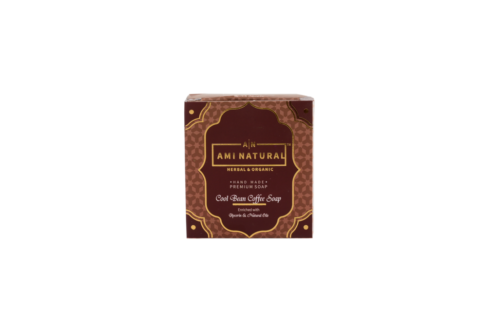 AMI NATURAL COOL BEAN COFFEE SOAP boxed handmade premium soap in brown and gold packaging with decorative pattern