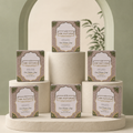 AMI NATURAL COOL VETIVAR SOAP pack of six herbal organic bars in beige and green patterned packaging arranged on round beige platforms