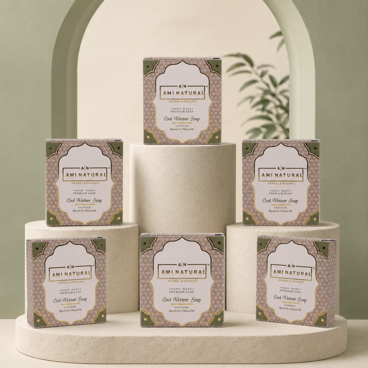 AMI NATURAL COOL VETIVAR SOAP pack of six herbal organic bars in beige and green patterned packaging arranged on round beige platforms