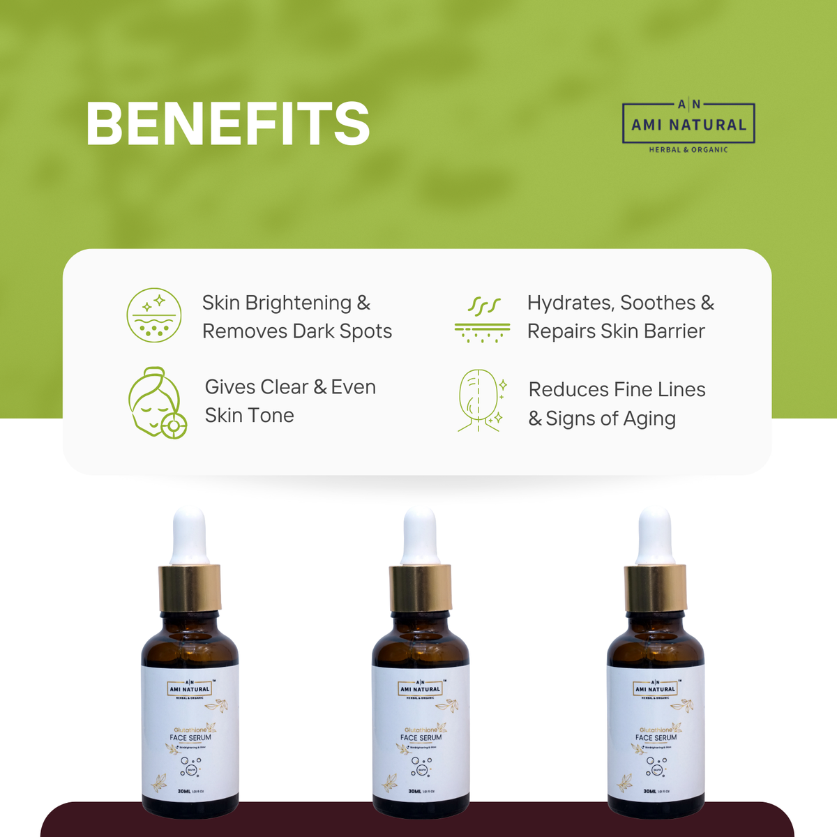 AMI NATURAL Glutathione face serum in amber glass bottles with white labels and gold dropper caps showing skin brightening and anti-aging benefits