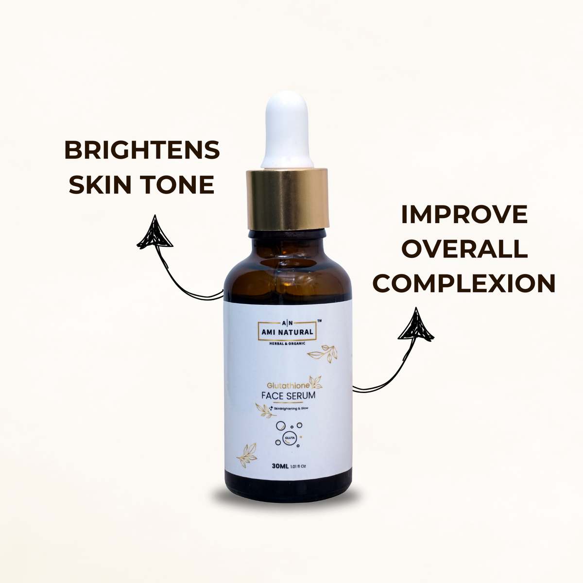 AMI NATURAL Glutathione Face Serum in amber glass bottle with white label and dropper cap, brightens skin tone and improves complexion
