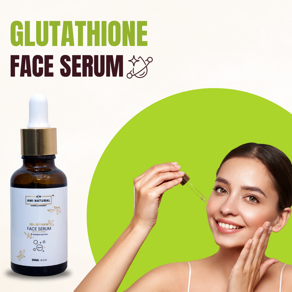 Glutathione face serum in a brown glass dropper bottle with white label, AMI NATURAL branding and gold accents