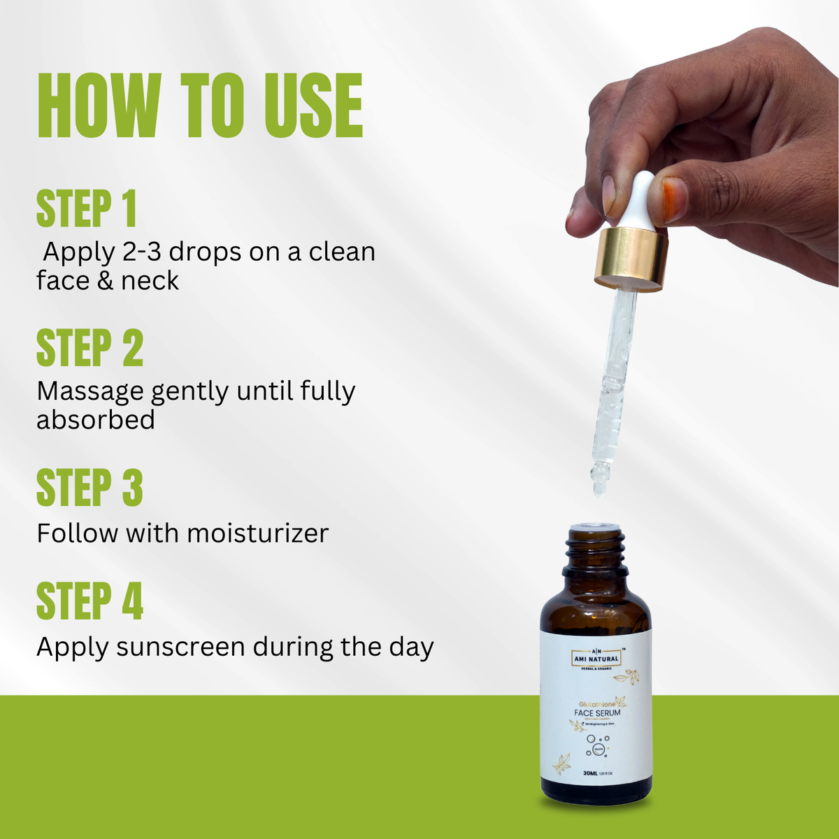 AMI NATURAL Glutathione Face Serum brown glass bottle with gold and white dropper dispensing clear serum liquid