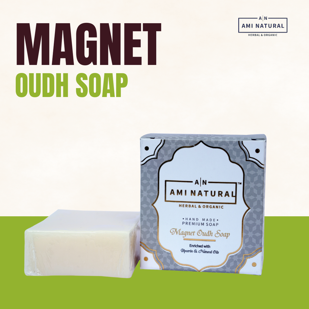 AMI NATURAL MAGNET OUDH SOAP in a decorative blue and white box with a plain cream soap bar for luxury cleansing