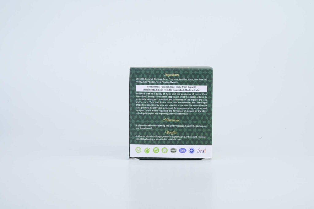 AMI NATURAL NEEM TULSI SOAP pack showing detailed ingredients and usage instructions on green patterned packaging