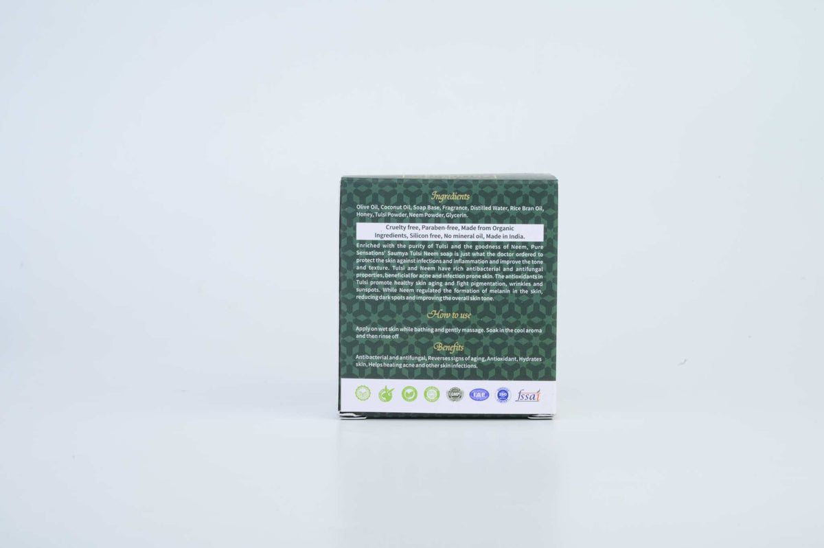 AMI NATURAL NEEM TULSI SOAP pack showing detailed ingredients and usage instructions on green patterned packaging