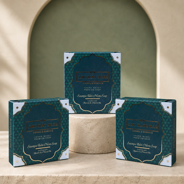 AMI NATURAL NEEM TULSI SOAP, pack of three teal patterned boxes with ornate gold detailing and white accents