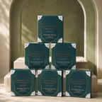 AMI NATURAL NEEM TULSI SOAP pack of six green and white boxes with gold lettering arranged in a pyramid, herbal organic premium soap