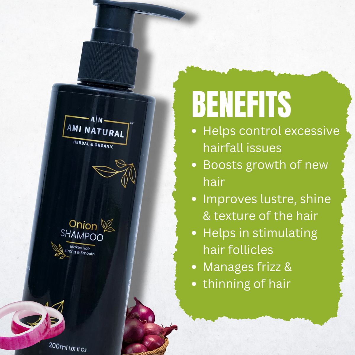 AMI NATURAL black herbal and organic onion shampoo bottle with pump dispenser alongside sliced onion and whole onions showing anti-hair fall benefits