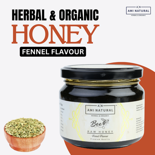 Ami Natural Raw Fennel Honey in a dark glass jar with black lid, herbal and organic label, next to bowl of fennel seeds