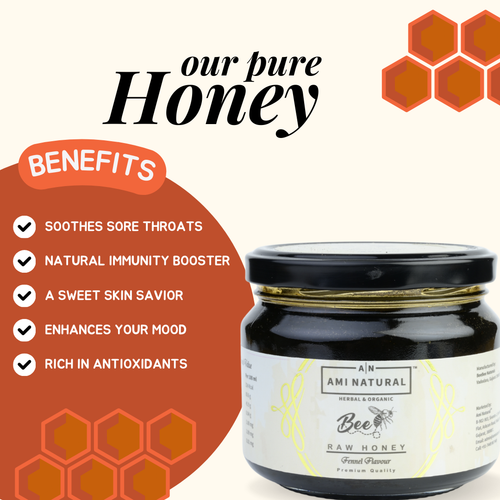 Ami Natural Raw Fennel Honey jar with black lid, white label featuring bee graphic and text, highlighting health benefits like soothing sore throats and boosting immunity