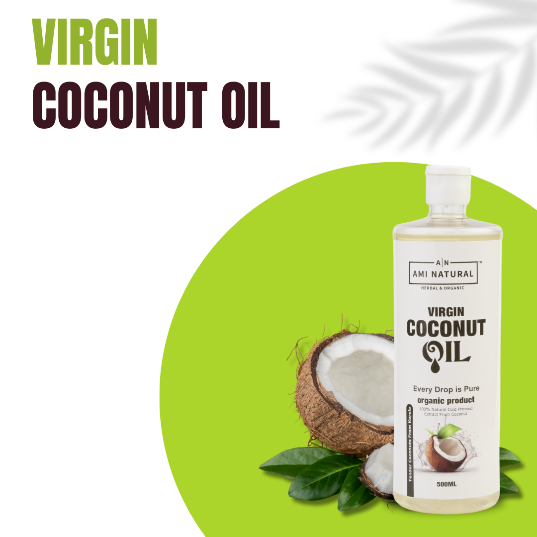 AMI NATURAL Virgin Coconut Oil 500ml transparent plastic bottle with label, surrounded by a halved coconut and green leaves on a white background with green accent