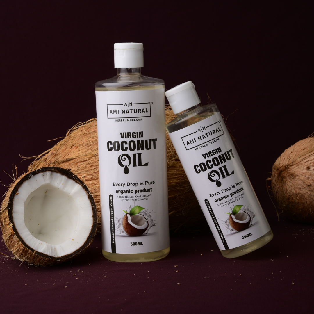 AMI NATURAL Virgin Coconut Oil bottles in 500ml and 250ml transparent plastic containers with white caps next to cracked open coconuts