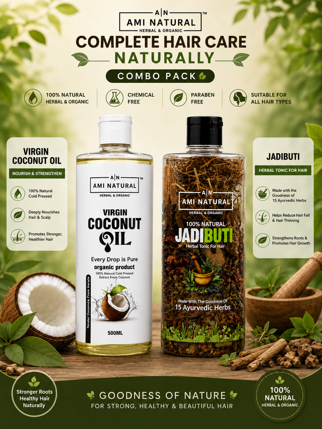 Ayurvedic Hair Growth Combo Pack – Jadibuti Tonic 100Gm + Pure Coconut Oil 500Gm | Ami Natural