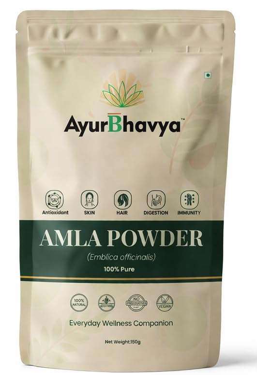 Amla Powder for Hair in a beige resealable pouch with green accents, AyurBhavya branding, and wellness icons