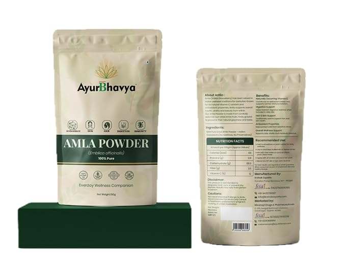 Amla Powder for Hair in beige resealable pouch with green label featuring AyurBhavya branding and nutritional information