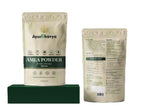 Amla Powder for Hair in beige resealable pouch with green label featuring AyurBhavya branding and nutritional information