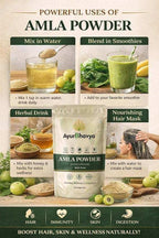 Amla Powder for Hair in a white labeled pouch surrounded by fresh amla fruits, spoonfuls of powder, and images showing uses in water, smoothies, herbal drinks, and hair masks