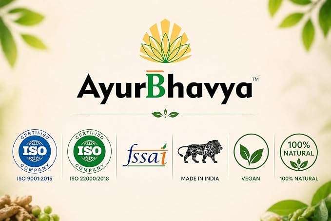Beetroot Powder brand AyurBhavya logo with ISO certified, FSSAI approved, made in India, vegan, and 100% natural icons