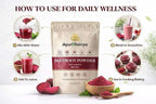 Beetroot Powder in beige resealable bag with deep red powder, fresh beet slices, and daily wellness usage suggestions