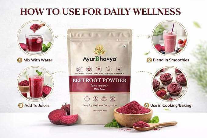 Beetroot Powder in beige resealable bag with deep red powder, fresh beet slices, and daily wellness usage suggestions