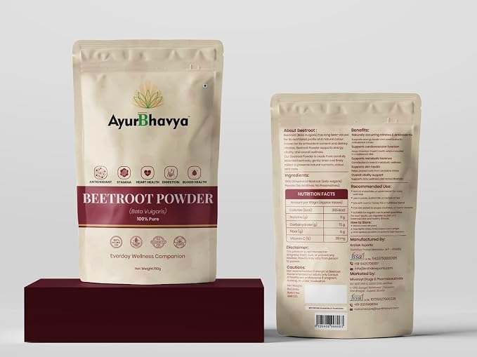 Beetroot Powder in beige resealable pouches with maroon label showing AyurBhavya branding and nutritional information