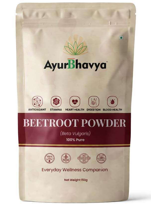 Beetroot Powder in beige resealable pouch with AyurBhavya branding and health benefit icons including antioxidant and digestion support