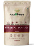 Beetroot Powder in beige resealable pouch with AyurBhavya branding and health benefit icons including antioxidant and digestion support