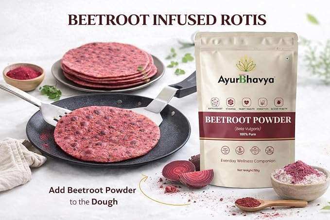 Beetroot Powder 100% pure herbal supplement pouch next to fresh beetroot infused rotis on a pan with beetroot powder in bowl and spoon