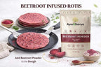 Beetroot Powder 100% pure herbal supplement pouch next to fresh beetroot infused rotis on a pan with beetroot powder in bowl and spoon