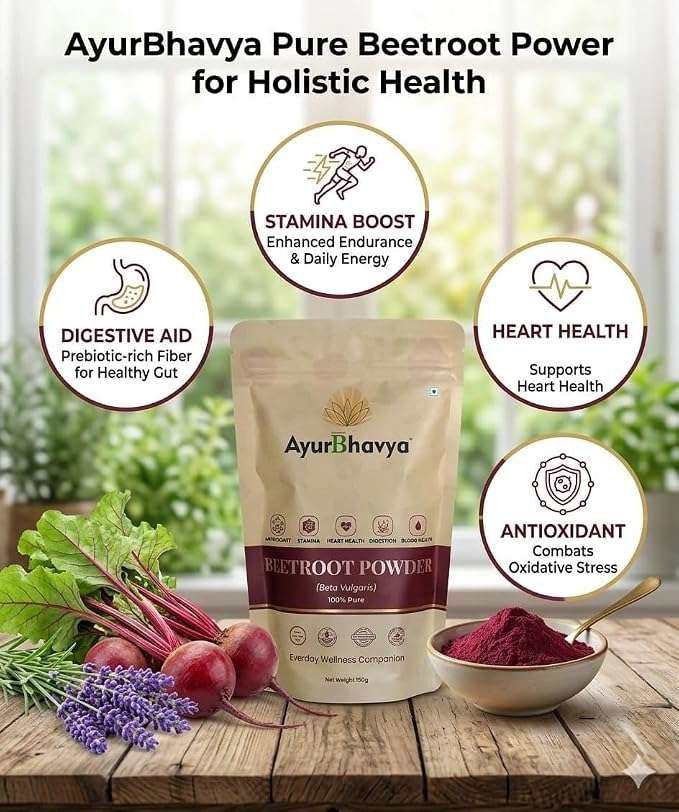 Beetroot Powder in resealable beige pouch with fresh beetroots, lavender, and powder in bowl, highlighting digestive aid and heart health benefits
