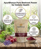 Beetroot Powder in resealable beige pouch with fresh beetroots, lavender, and powder in bowl, highlighting digestive aid and heart health benefits