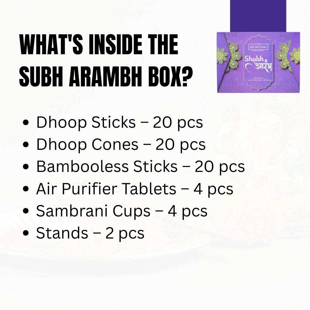 Luxury Incense Gift Box containing 20 dhoop sticks, 20 dhoop cones, 20 bambooless sticks, 4 air purifiers, 4 sambrani cups, and 2 stands