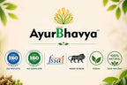 Pain Relief Roll On Oil brand AyurBhavya logo with certifications including ISO 9001, ISO 22000, FSSAI, vegan and 100 percent natural labels