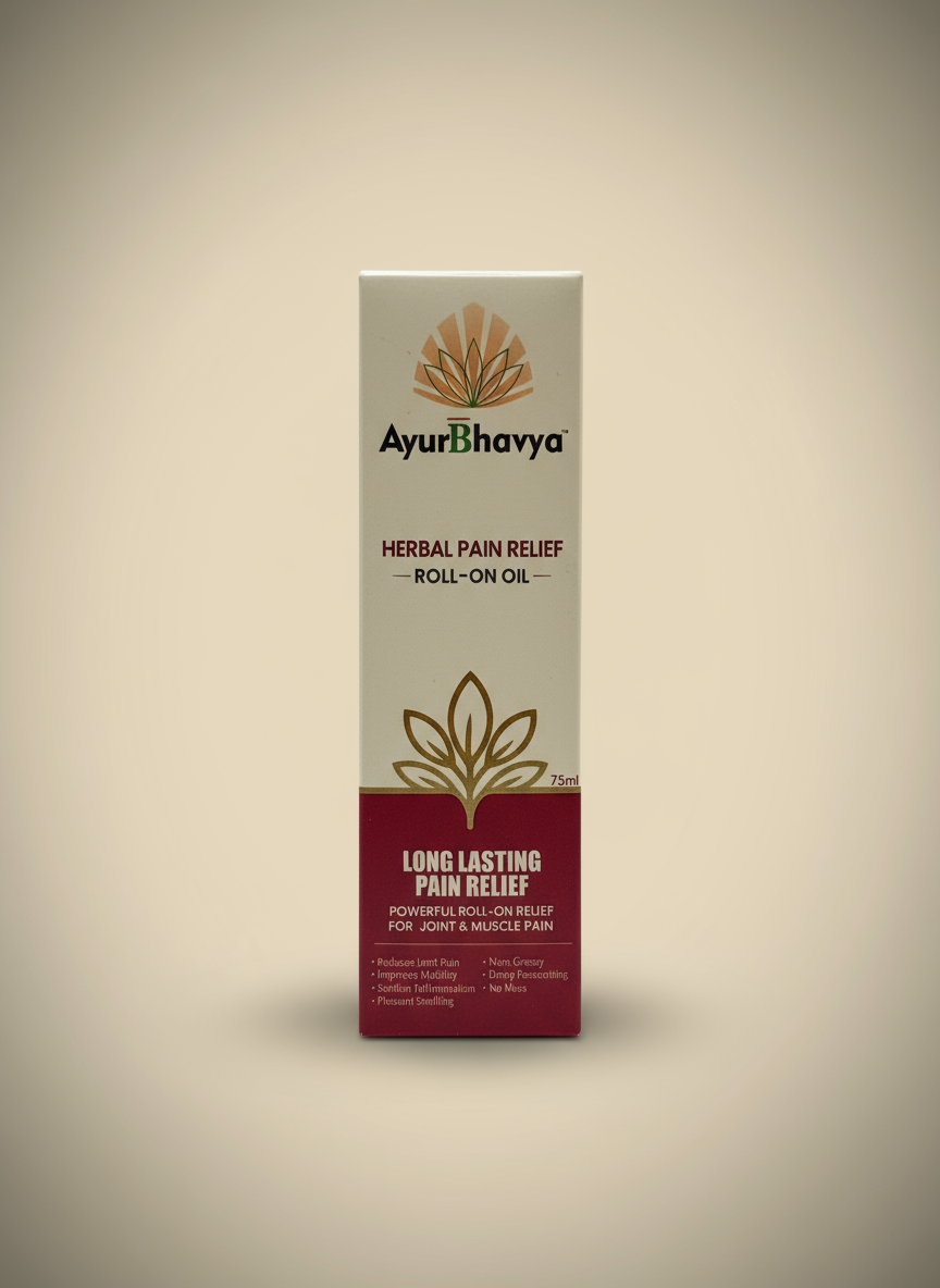 Pain Relief Roll On Oil in beige and maroon packaging with AyurBhavya branding and herbal pain relief label
