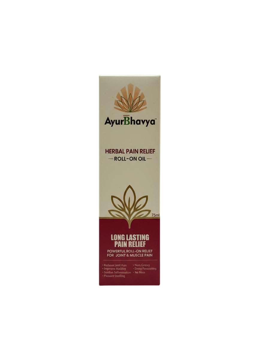 Pain Relief Roll On Oil in beige and maroon box packaging with AyurBhavya branding and herbal design for joint and muscle pain relief