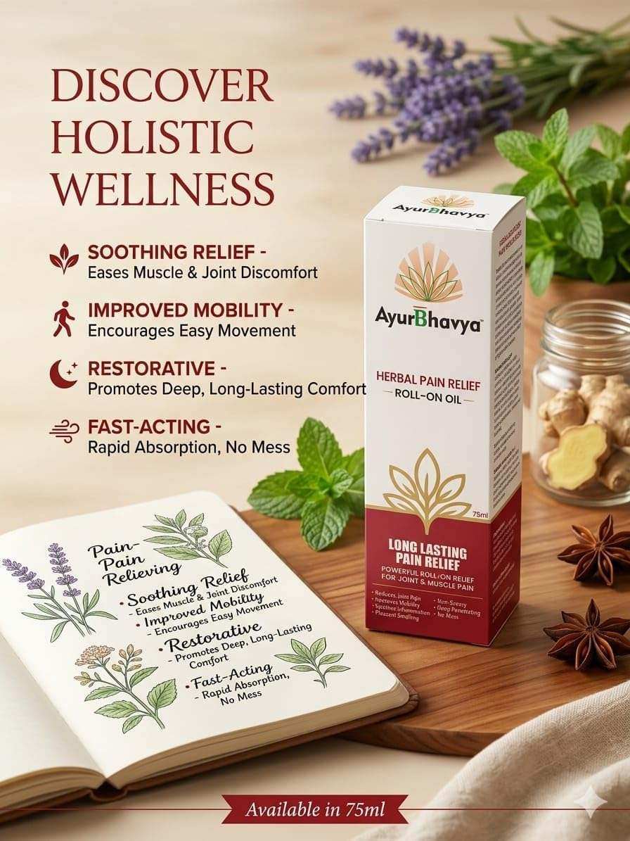 Pain Relief Roll On Oil in white and red box with herbal design, displayed beside green leaves, lavender, and an open notebook