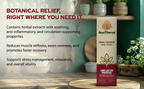 Pain Relief Roll On Oil in a white and maroon rectangular box with gold leaf logo and text highlighting herbal pain relief benefits