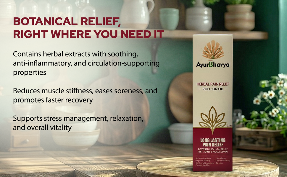 Pain Relief Roll On Oil in a white and maroon rectangular box with gold leaf logo and text highlighting herbal pain relief benefits