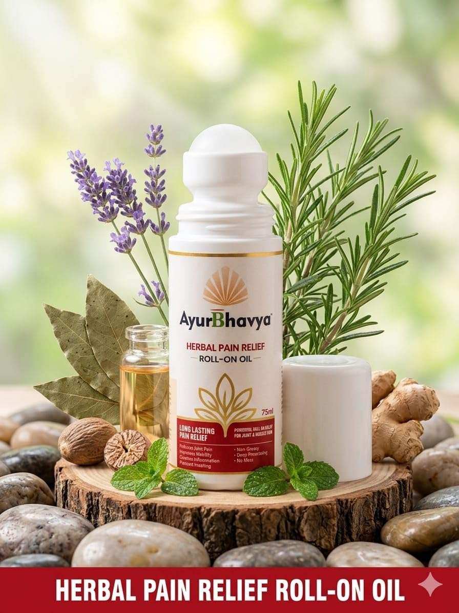 Pain Relief Roll On Oil in white bottle with gold and red label displayed with fresh herbs and ginger roots on wooden and rocky surface