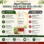 Pain Relief Roll On Oil in white and gold bottle with green leaves illustration, natural herbal formula, fast-acting and non-greasy herbal pain relief oil
