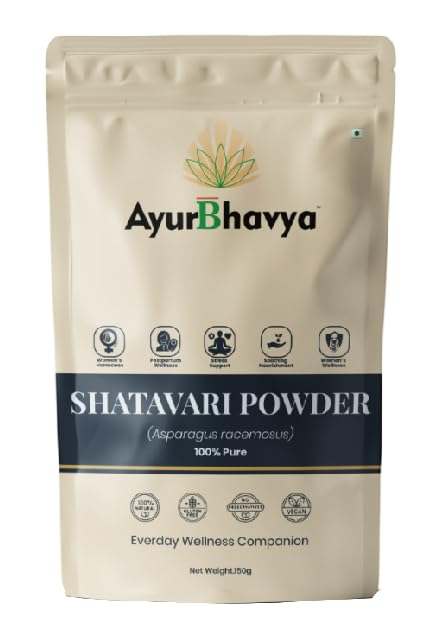 Shatavari Powder in beige resealable pouch with minimalist black and gold label, featuring Ayurvedic wellness icons