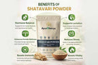 Shatavari Powder beige resealable pouch with AyurBhavya branding and wooden bowl of powder, highlighting benefits for women's wellness